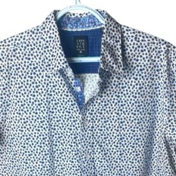 Construct Mens White Blue Floral Print Slim Fit Stretch Short Sleeve Shirt Large - Picture 2 of 6